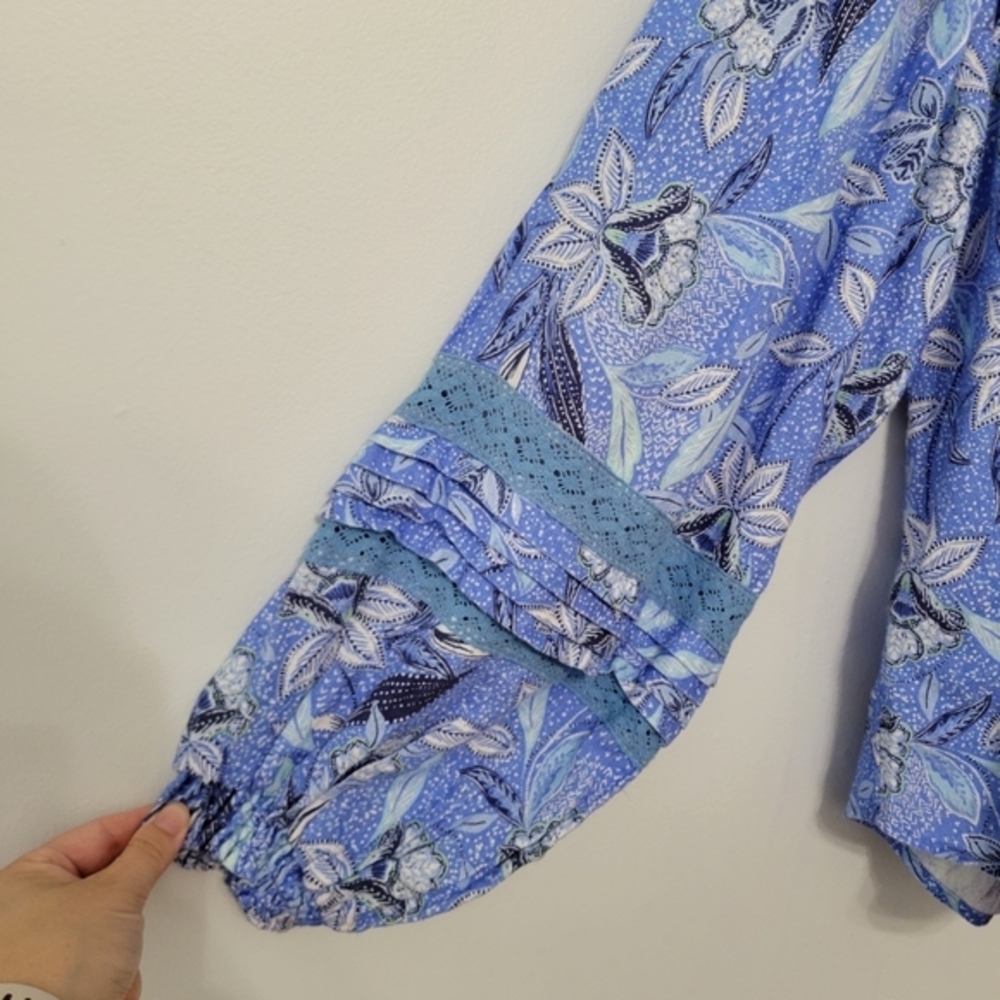 Hale Bob Women's Angelina Linen‎ Top Size M Periwinkle Blue Floral Euro Summer - Picture 6 of 13